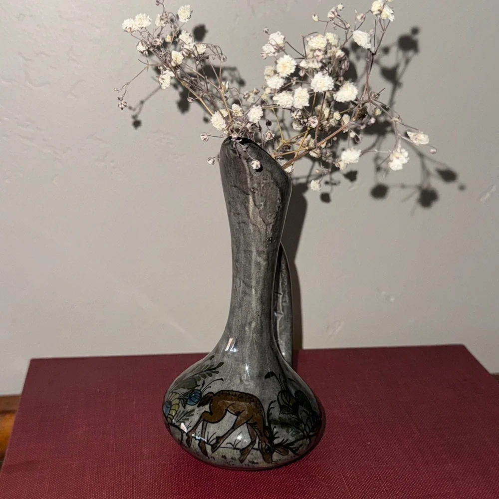 Vintage Handcrafted Mexican Floral Animal Folk Art Pottery Vase Glazed Marked